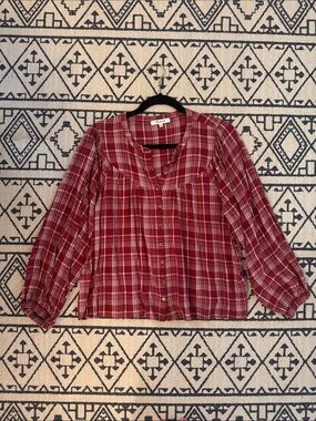 Madewell Red Plaid Button-Down Peasant Blouse